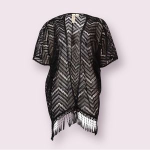 Miken Womens Lace-Fringe Trim Kimono Swimsuit Cover-Up S/M, in Black Cavier